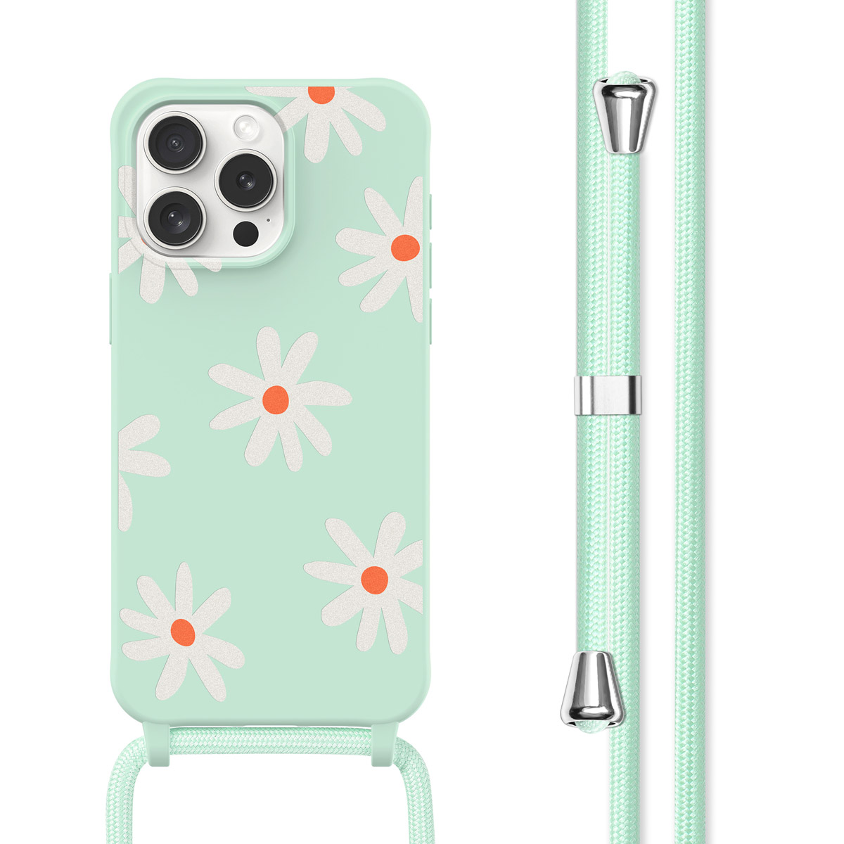 Mintgroene telefoonhoes met madeliefpatroon en lanyard.