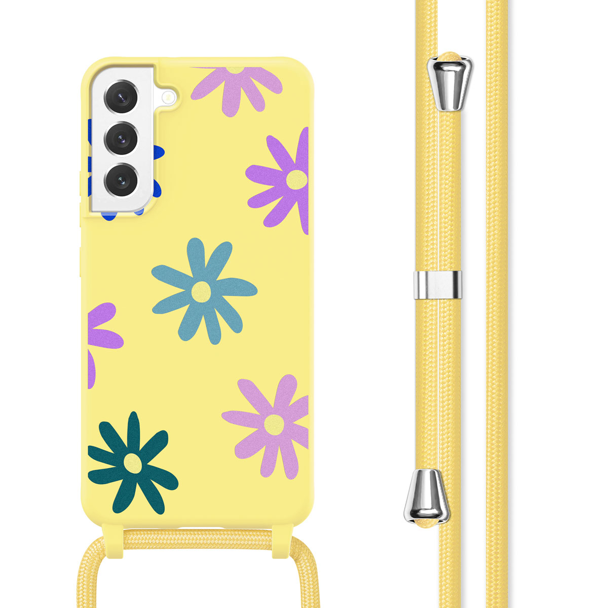 Gele telefoonhoes met madeliefontwerp, met een geel koord. Telefoon heeft drie camera's.
