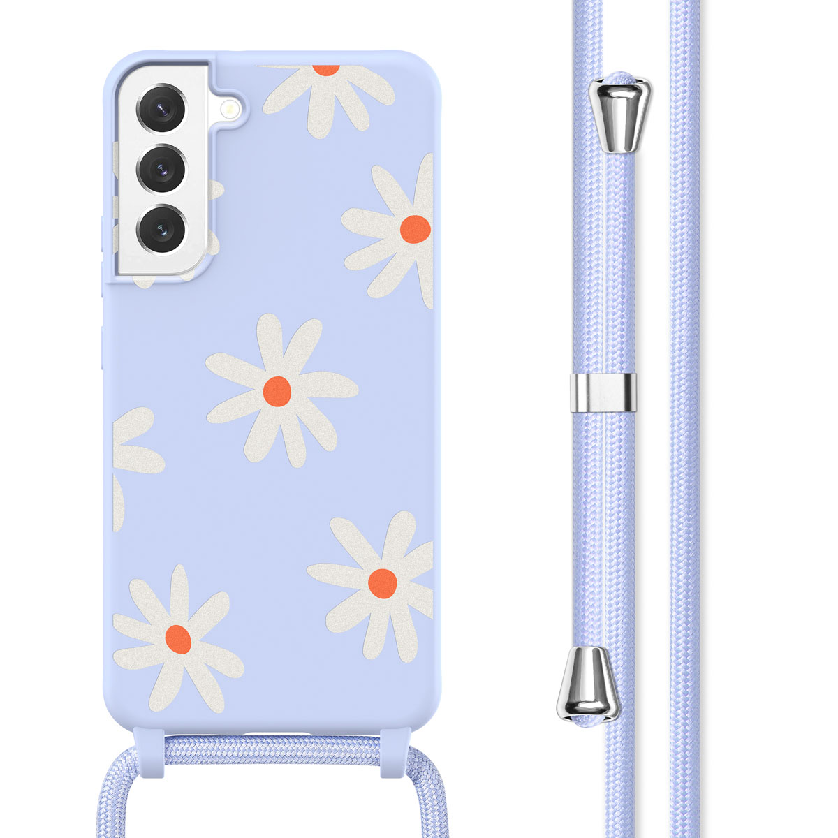 Coque de téléphone bleu clair avec marguerites blanches, centres orange et sangle assortie.