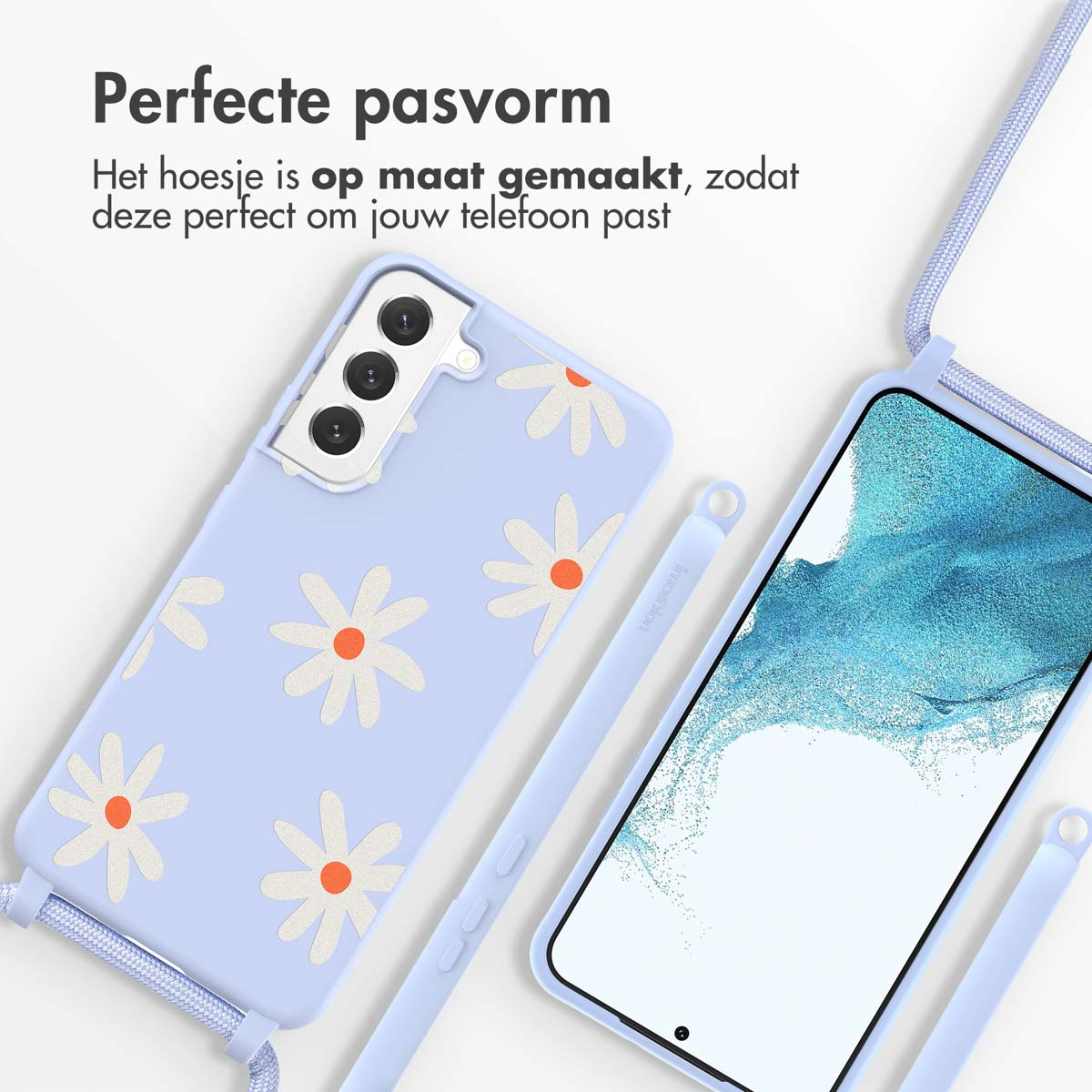Coque bleue avec motif de marguerites. La coque a une sangle bleue. L'écran du téléphone est sombre.
