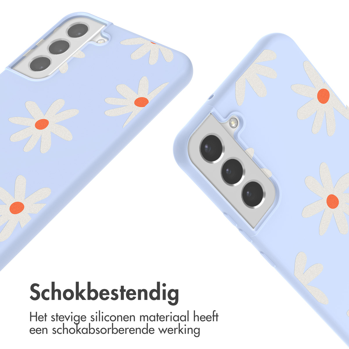 Une coque de téléphone avec un motif de marguerites. La coque est bleu clair, avec des marguerites blanches.