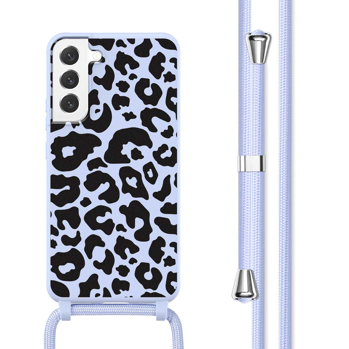 Lichtblauwe telefoonhoes met zwarte luipaardprint. De hoes heeft een blauwe band. Op een wit oppervlak.
