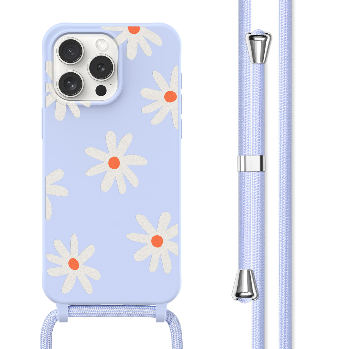 Lichtblauwe telefoonhoes met witte en oranje madeliefjes en een lichtblauw koord.