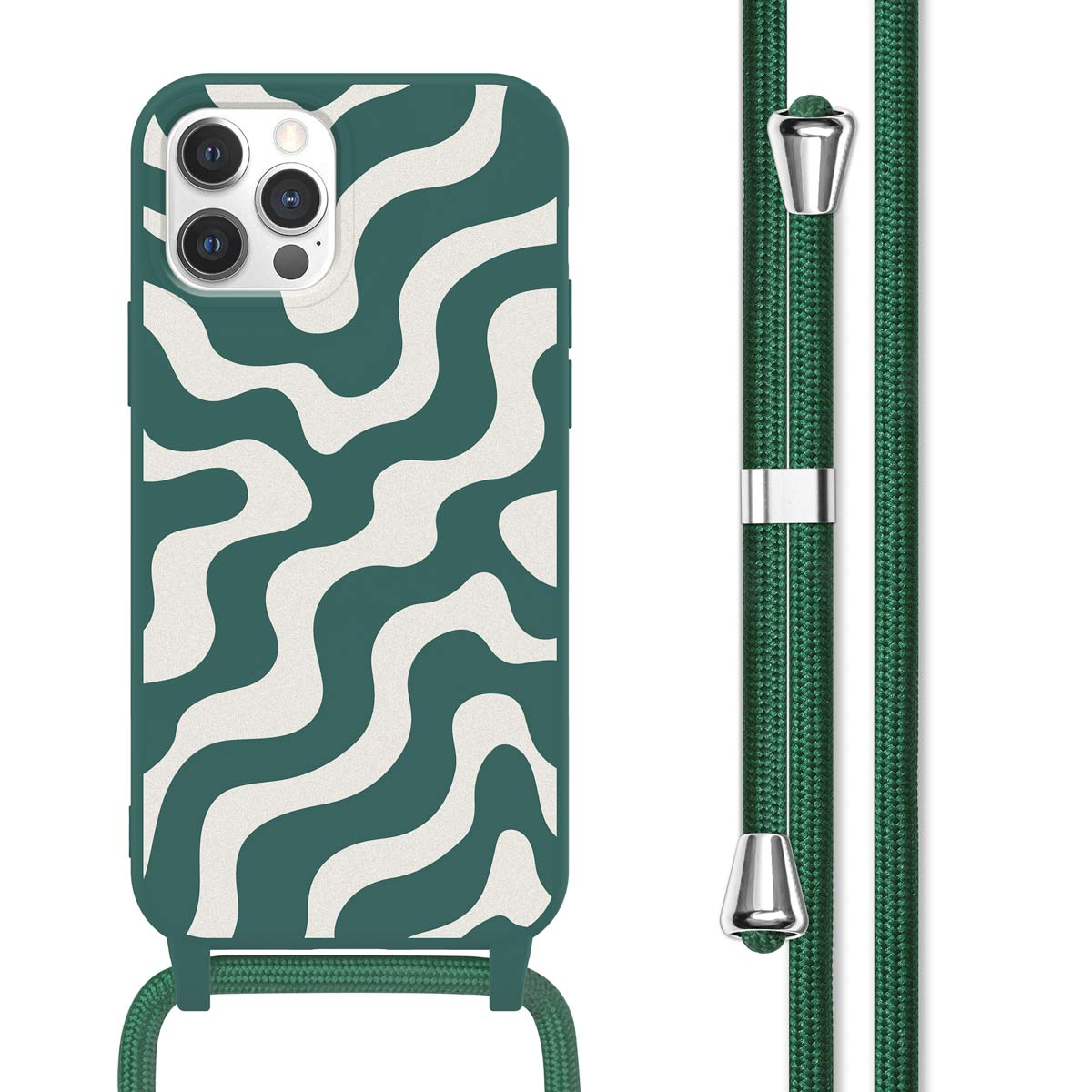 Groene telefoonhoes met wit golvend design. Groene band. Witte achtergrond. Donker scherm.