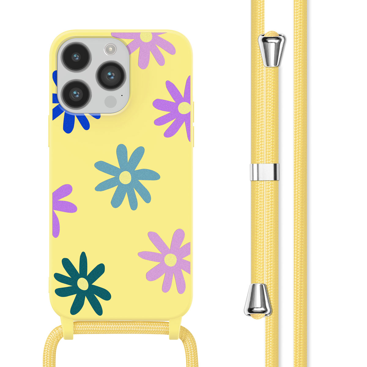 Gele telefoonhoes met blauwe, groene en paarse bloemen en een geel koord.