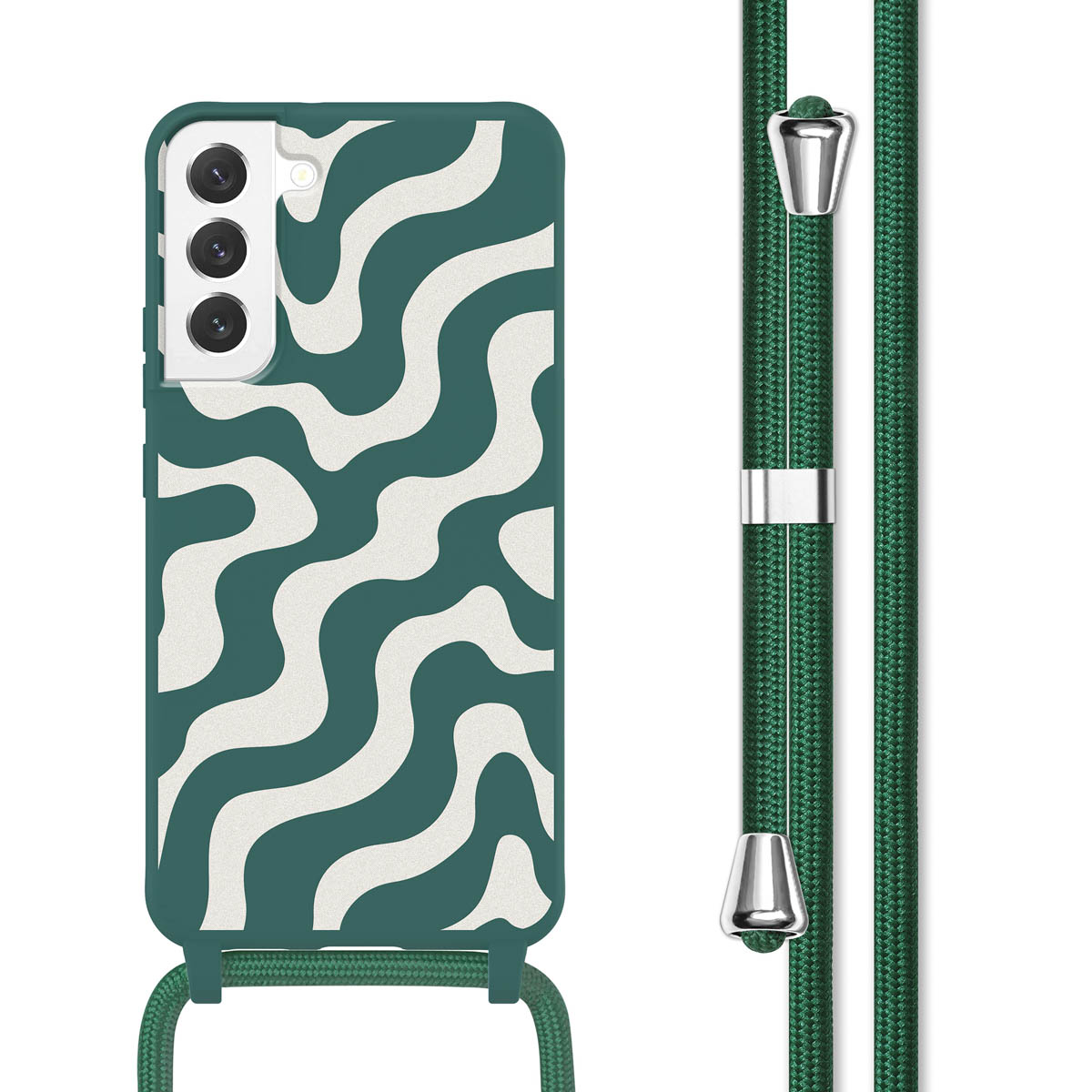 Coque de téléphone verte à motif blanc ondulé, lanière verte. Fond blanc.