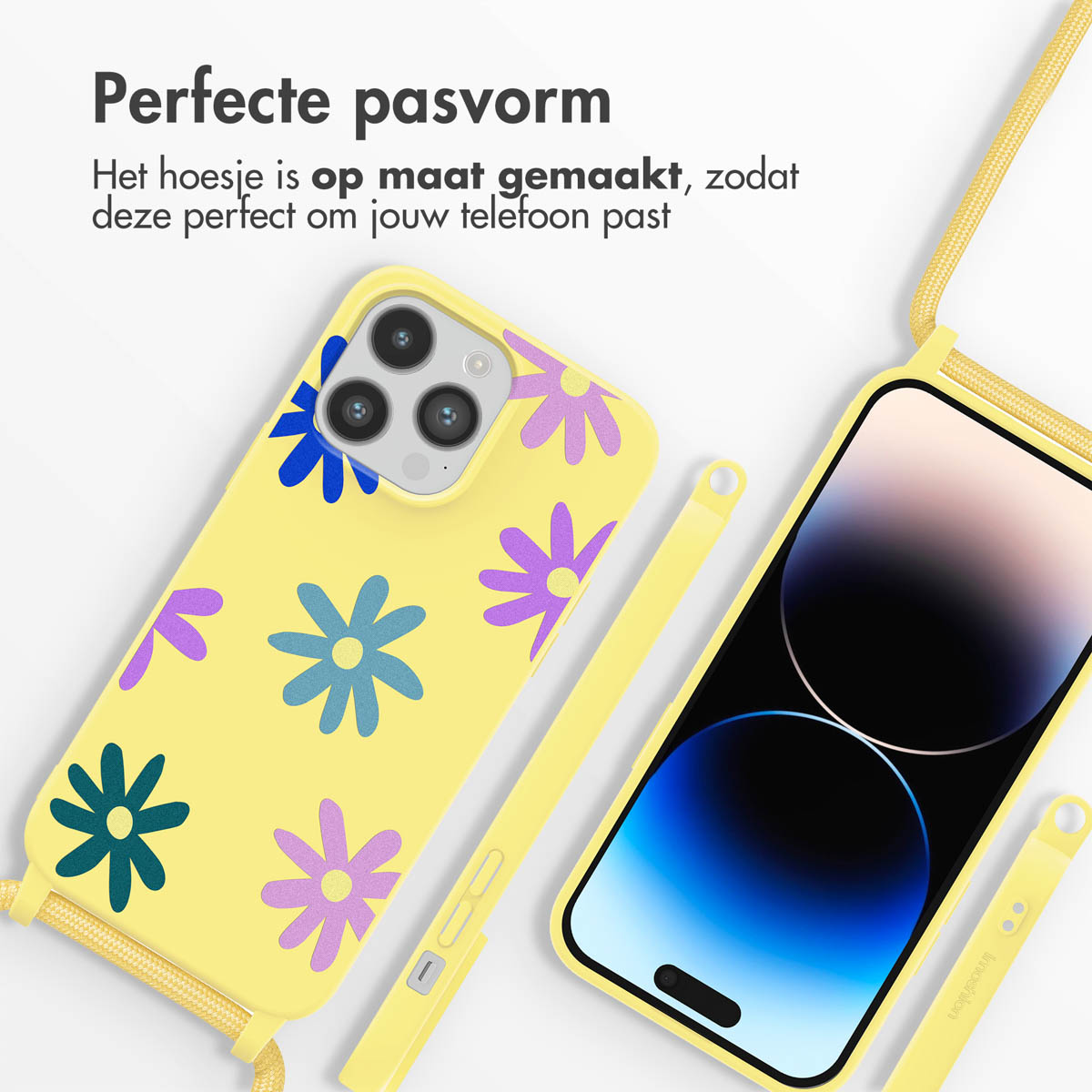 Een gele telefoonhoes met een madeliefjesontwerp en riem is zichtbaar. Een telefoon is zichtbaar.