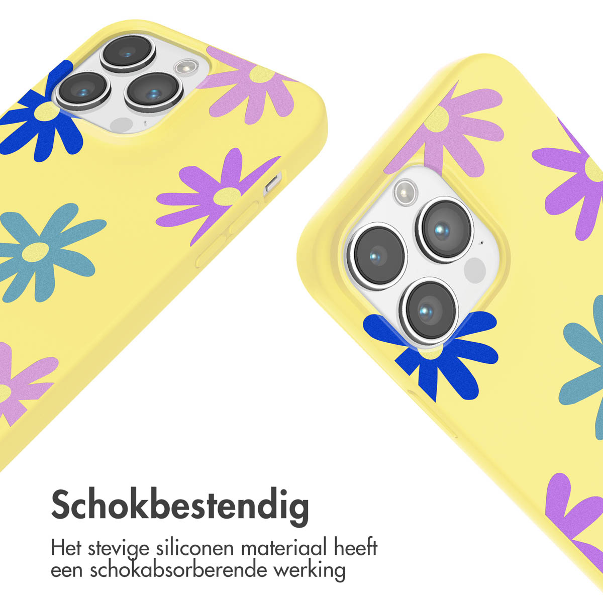 Twee gele telefoonhoesjes met een kleurrijk bloemenontwerp. Tekst in het Nederlands.