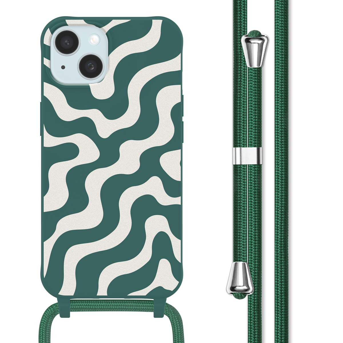 Groene telefoonhoes met golvend wit patroon en bijpassend groen koord.