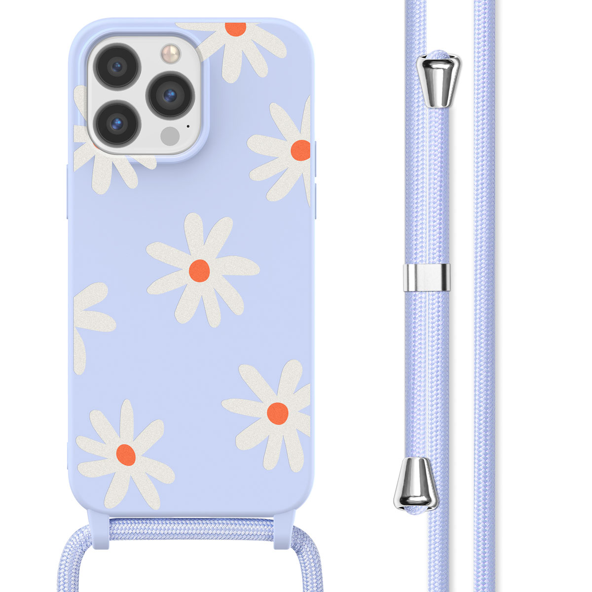 Een lichtblauw telefoonhoesje met witte madeliefjes en een koord. De telefoon zit in het hoesje.