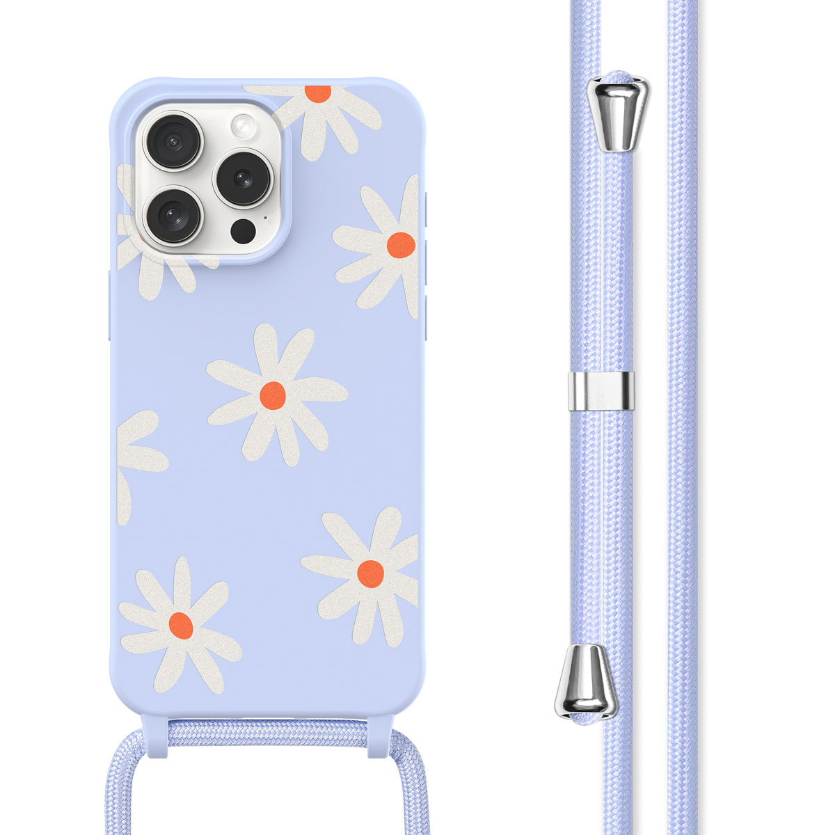Une coque de téléphone bleu clair avec des marguerites blanches et un cordon assorti.