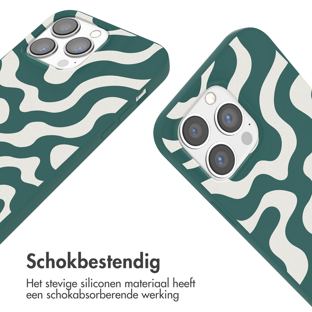 Telefoonhoes met een golfpatroon en tekst over schokbestendigheid.
