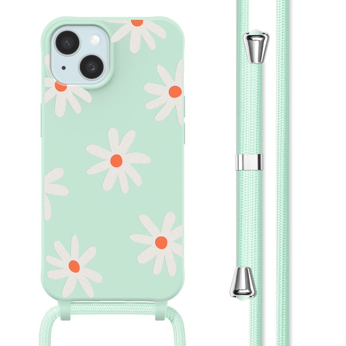 Mintgroene telefoonhoes met wit madeliefjesdesign. Mintgroene band. Witte achtergrond. Donker scherm.