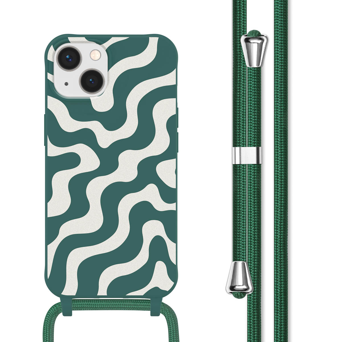 Groene telefoonhoes met golvend wit patroon en bijpassend groen koord.