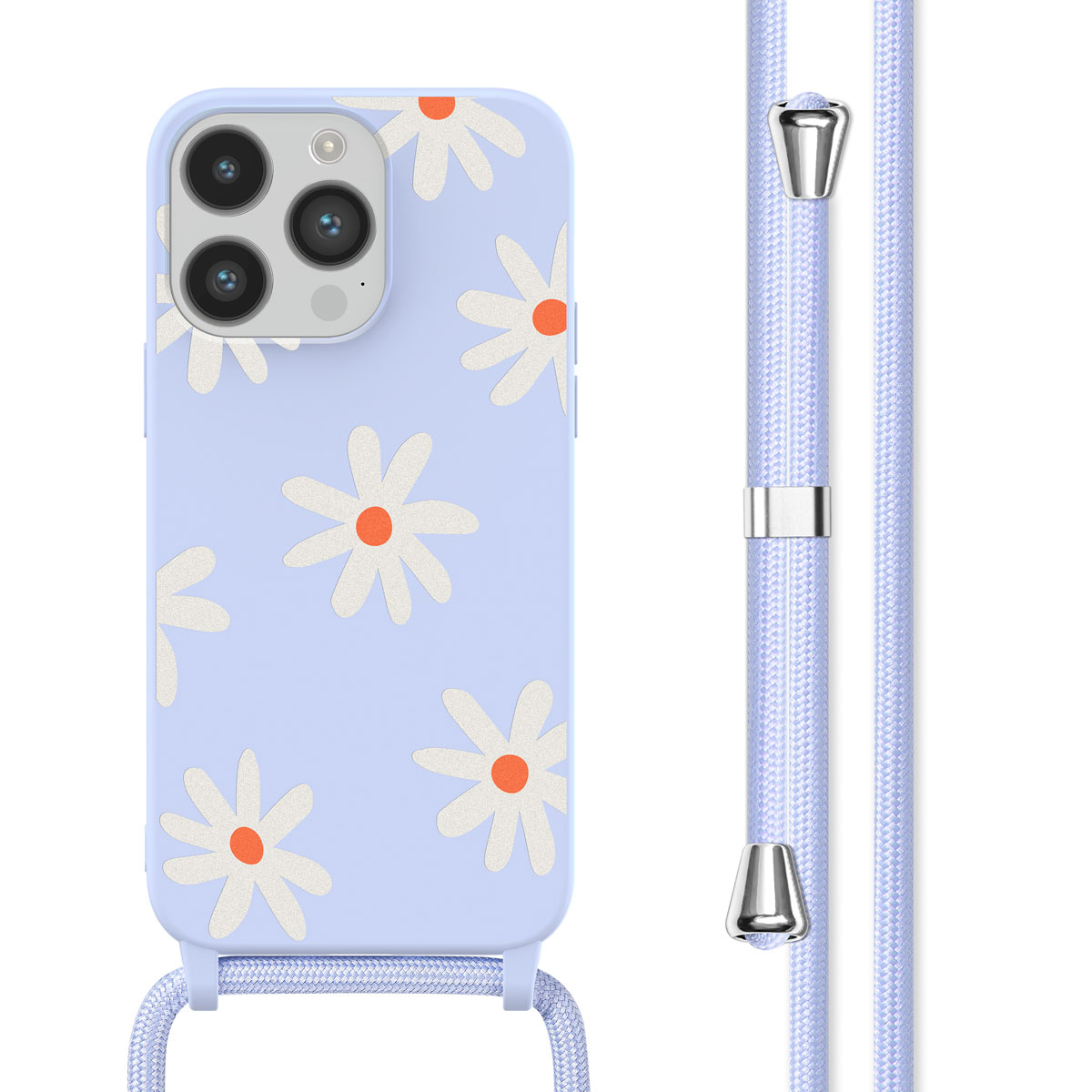 Lichtblauw telefoonhoesje met madeliefjesontwerp. Passend blauw koord. Telefoonhoesje rechts.
