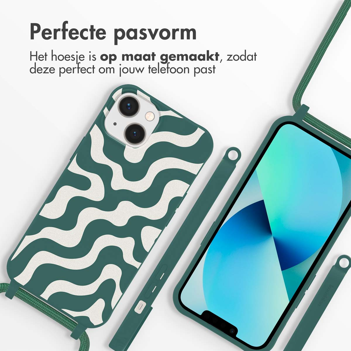 Groene telefoonhoes met wit golfontwerp, telefoon met scherm. Tekst over perfecte pasvorm.