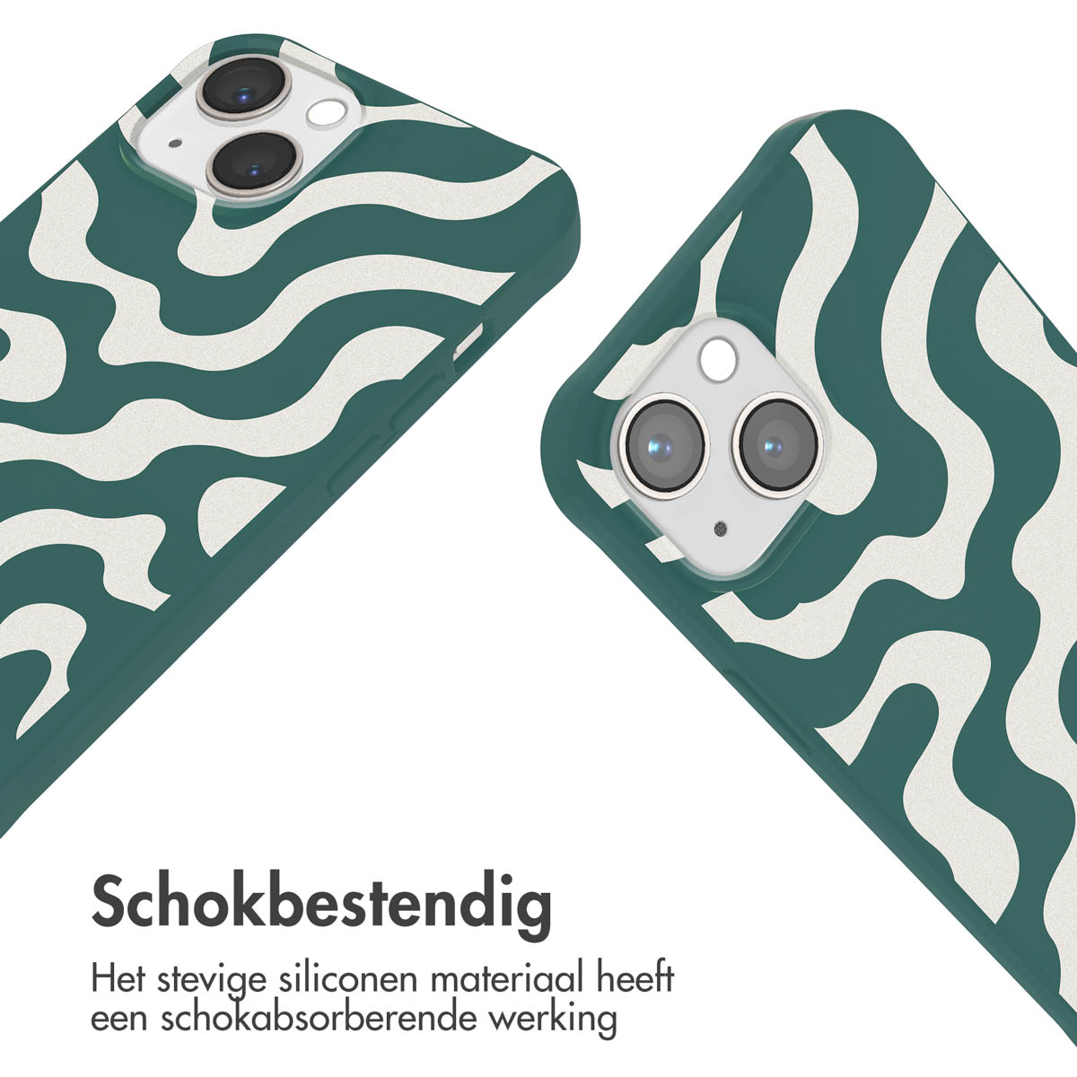 Twee telefoonhoesjes met een groen golfpatroon. Tekst in het Nederlands.