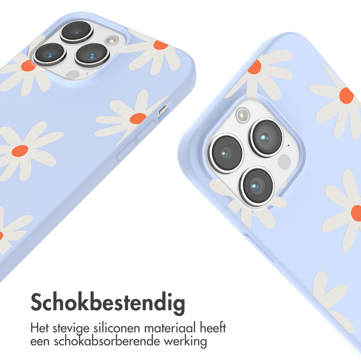 Twee lichtblauwe telefoonhoesjes met madeliefontwerp. Witte en oranje madeliefjes.