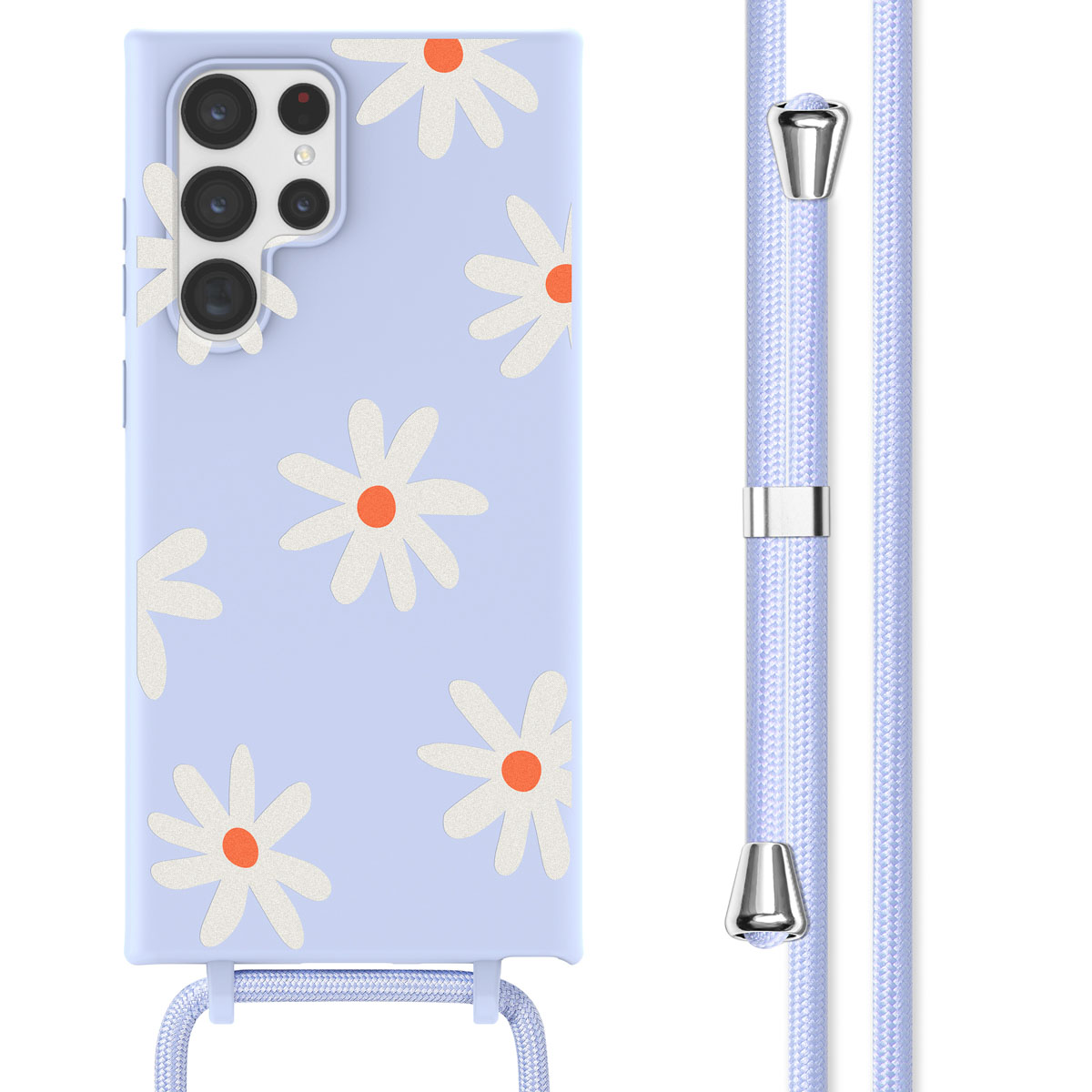 Een blauwe telefoonhoes met een madeliefjesontwerp en riem is zichtbaar, evenals een telefoon.