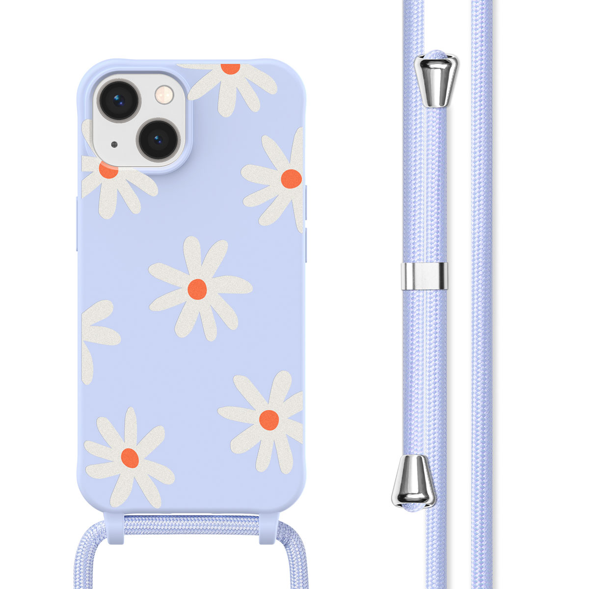 Lichtblauwe telefoonhoes met witte en oranje madeliefjes en een lichtblauw koord.