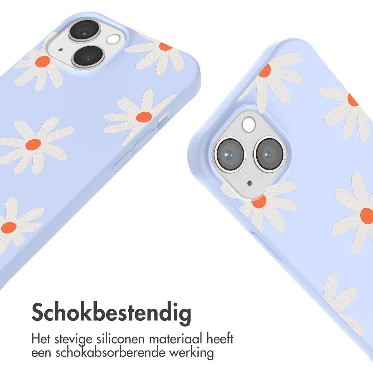 Twee blauwe telefoonhoesjes met witte madeliefpatronen. Close-up.