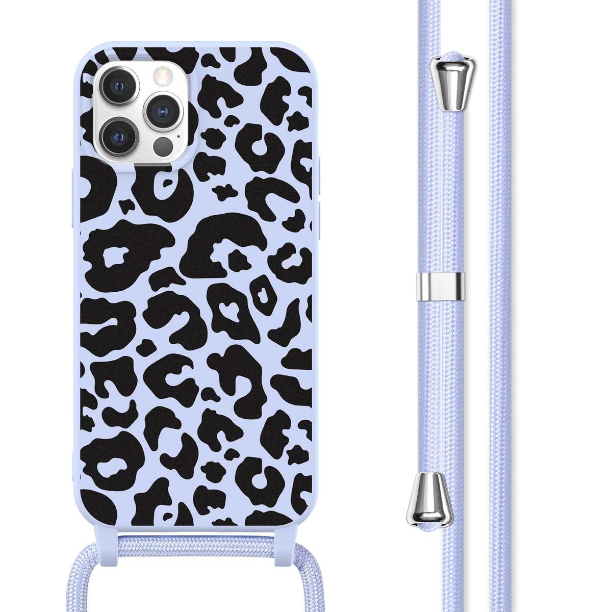 Eine Handyhülle mit Leopardenmuster und einem Schlüsselband. Ein Telefon befindet sich in der Hülle.