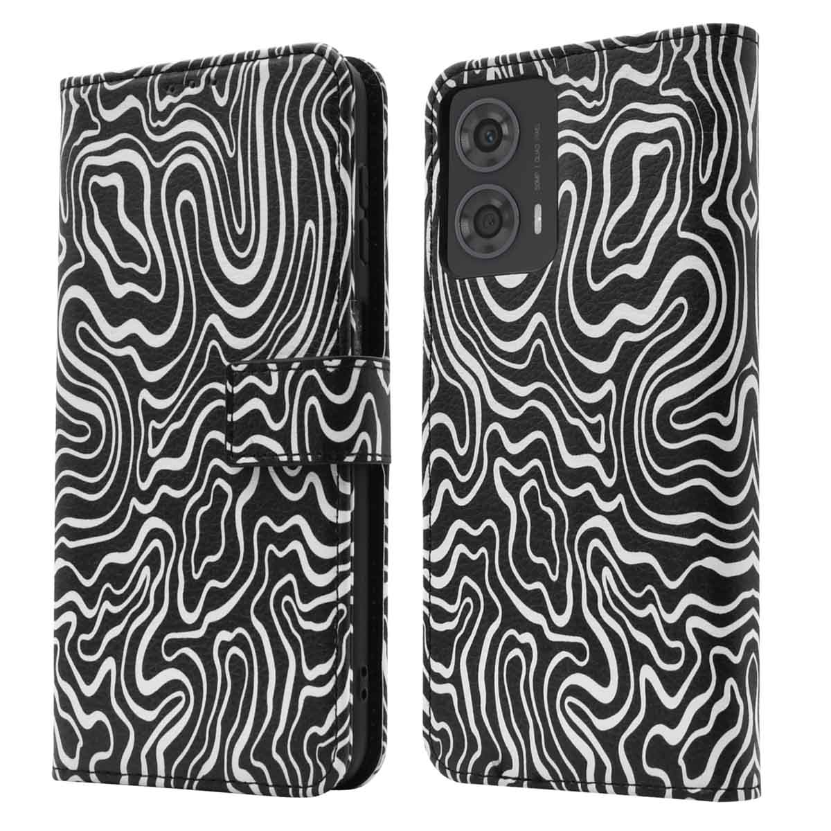 Zwart-wit zebrapatroon telefoonhoes open en dicht. Telefoon heeft dubbele camera's.