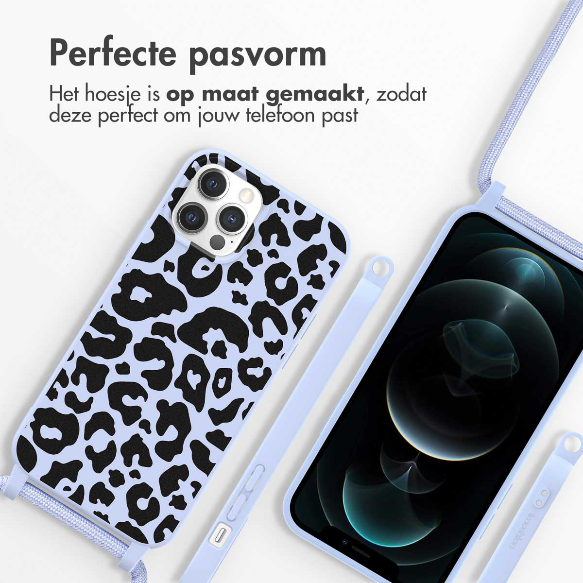 Eine hellblaue Handyhülle mit schwarzen Punkten und ein Telefon mit einem Gurt.