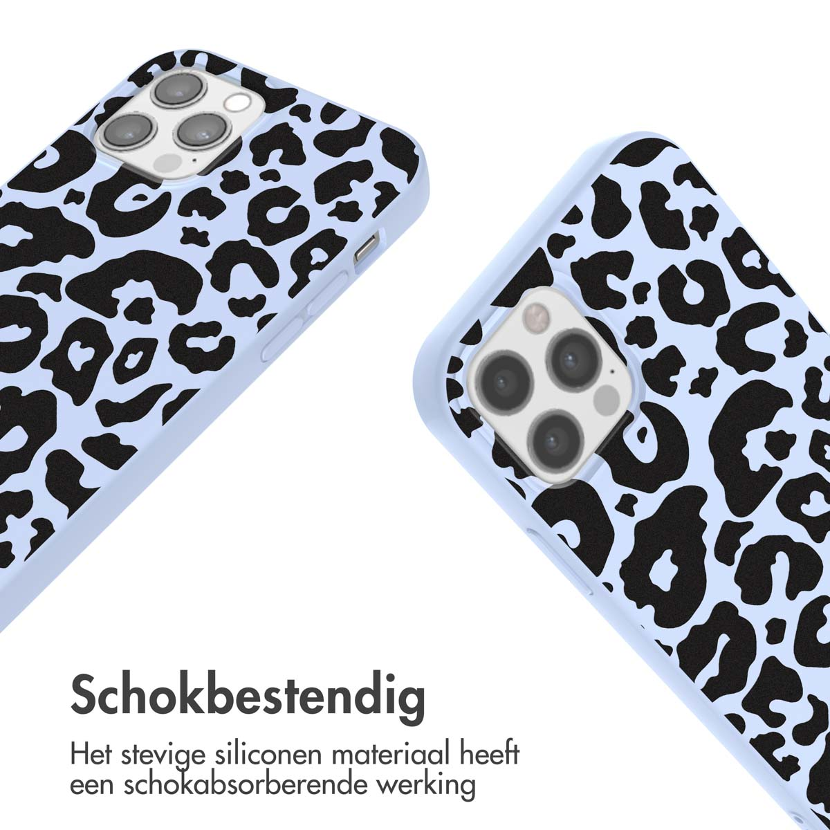 Zwei Handyhüllen mit schwarzem Leopardenmuster auf hellblauem Hintergrund.