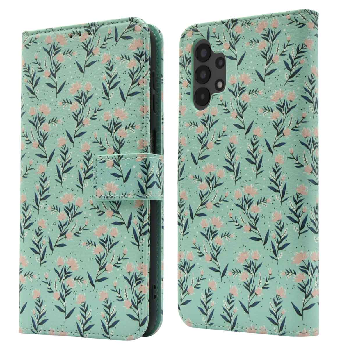 Coque de téléphone avec un motif floral. Elle est vert menthe avec des fleurs roses.