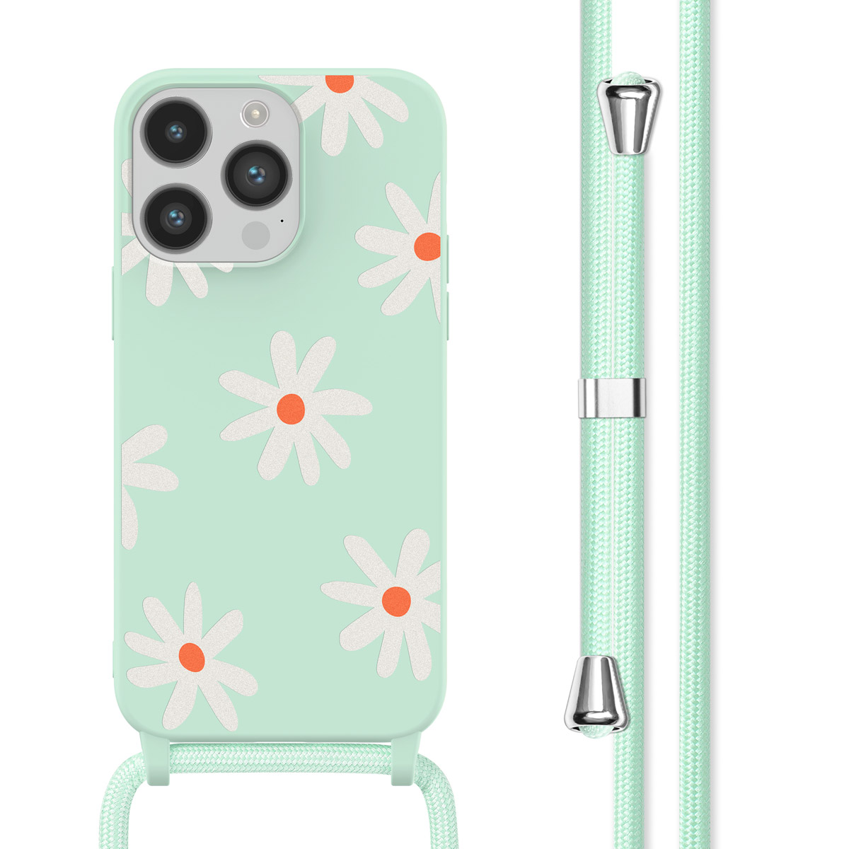 Mintgroen telefoonhoesje met madeliefpatroon en een lichtgroene band.
