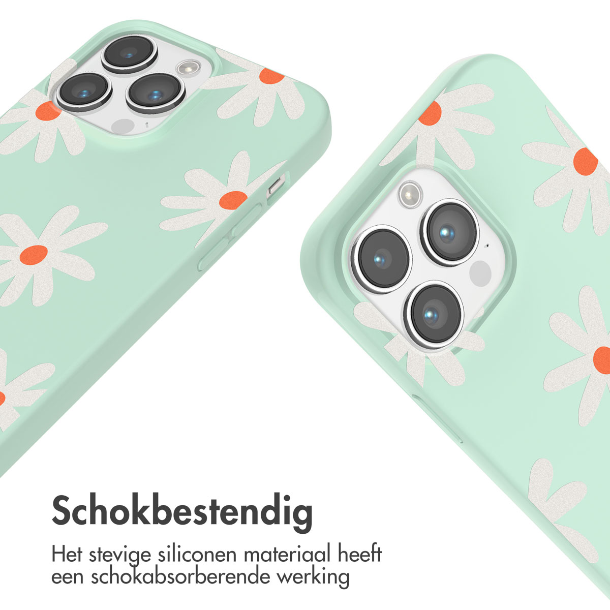 Mintgroene telefoonhoesjes met madeliefjes op een witte achtergrond.