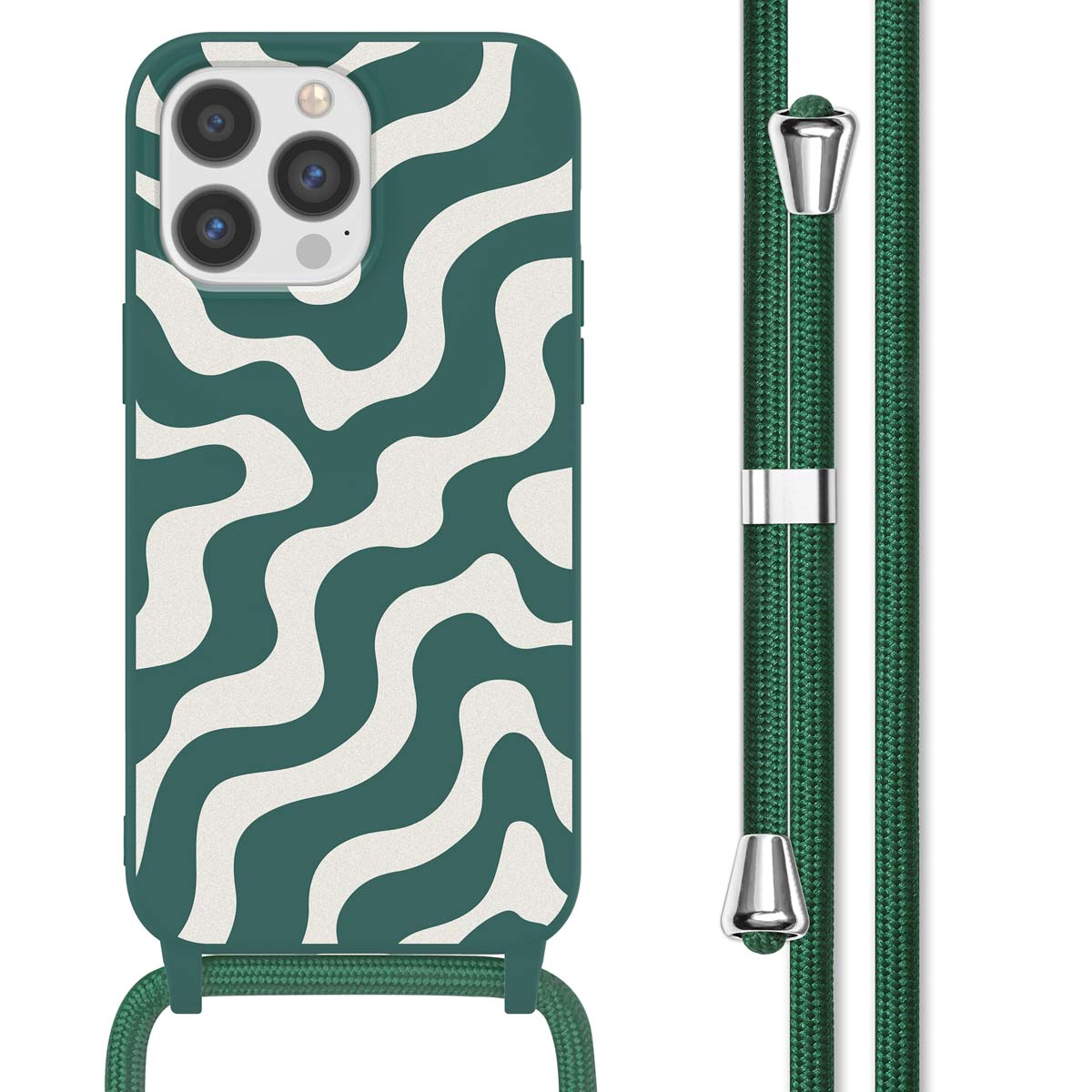 Donkergroene telefoonhoes met een wit golvend patroon. Bijpassende donkergroene riem bevestigd.