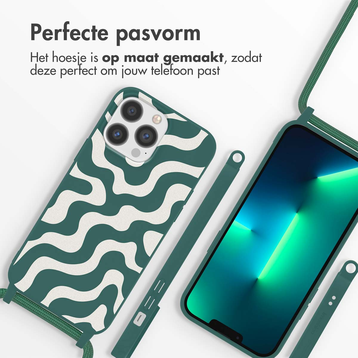 Een groene telefoonhoes met een golfpatroon en een telefoon met een riem.