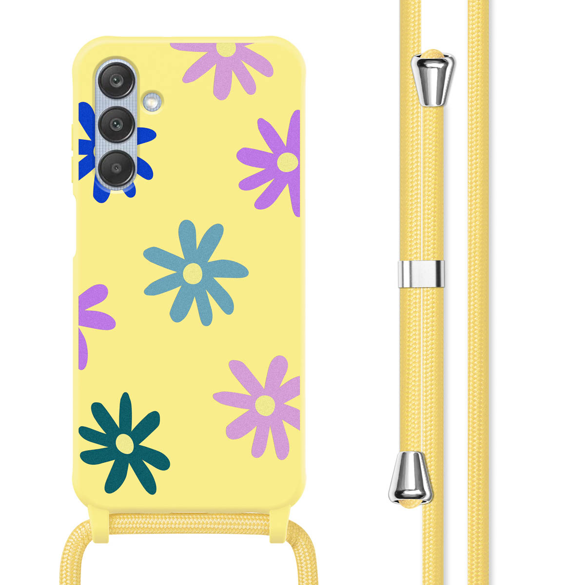 Gele telefoonhoes met bloemenpatroon en een gele band.