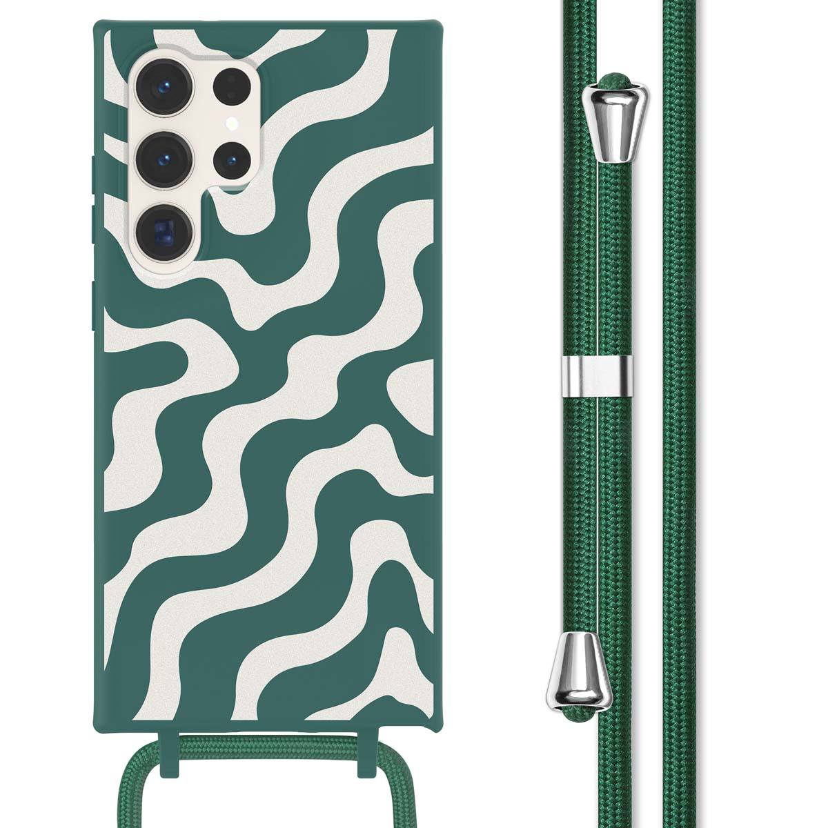 Groene telefoonhoes met golfpatroon en een bijpassend koord.
