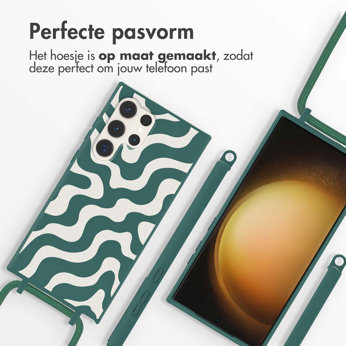 Een groene telefoonhoes met een golfpatroon en een telefoon met een riem.
