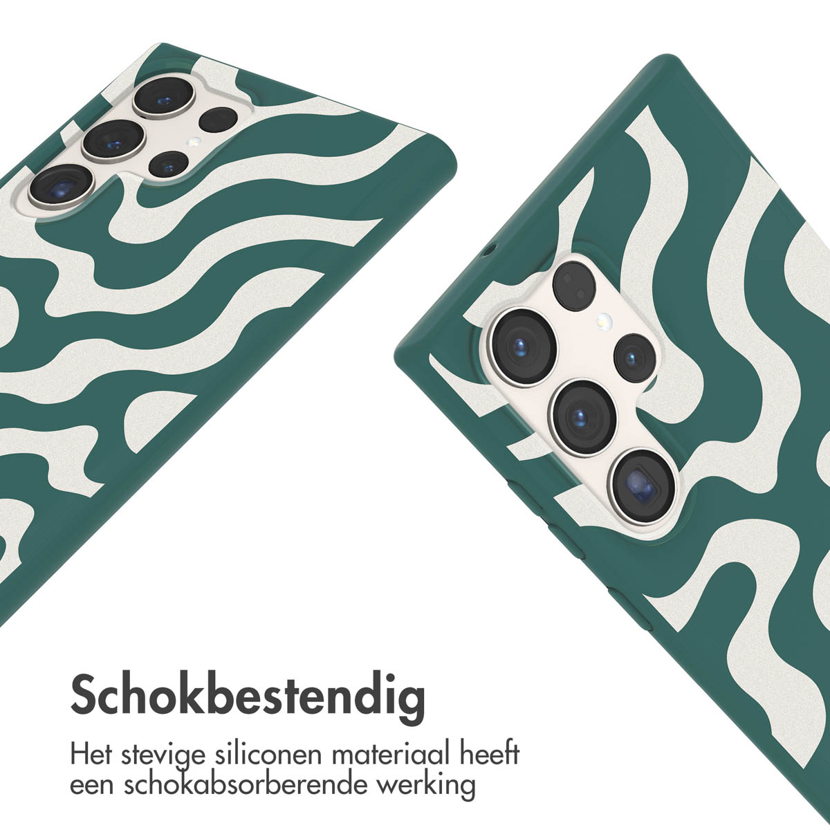 Donkergroene telefoonhoes met een wit golvend patroon. Bijpassende donkergroene riem bevestigd.
