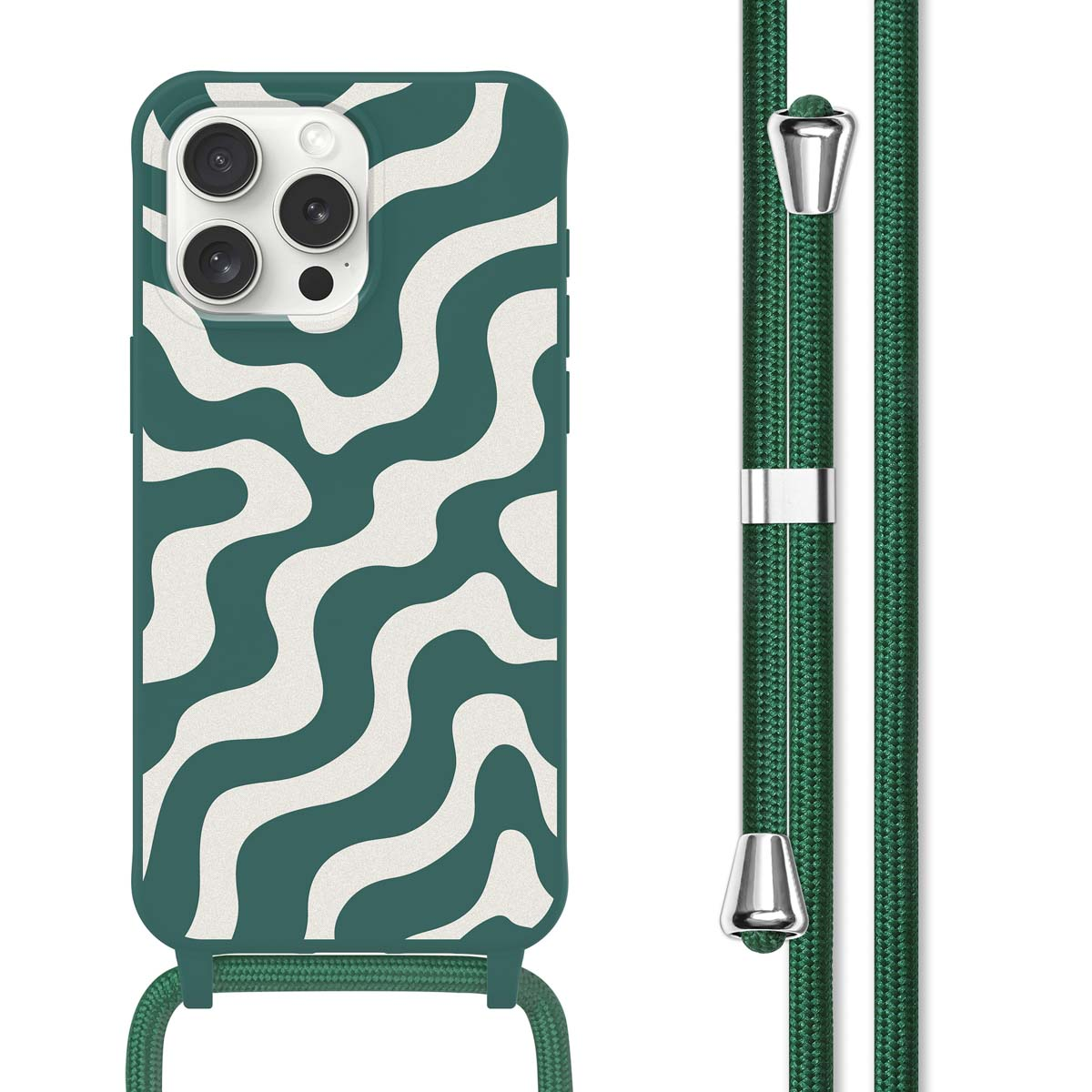 Groen golfpatroon telefoonhoesje met bijpassende groene band. Tekst in het Nederlands.