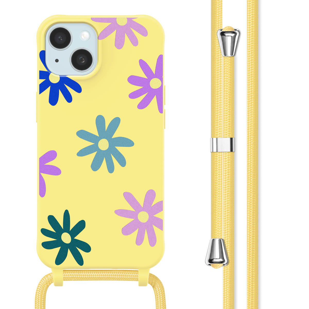Gele telefoonhoes met bloemenpatroon en een gele band.
