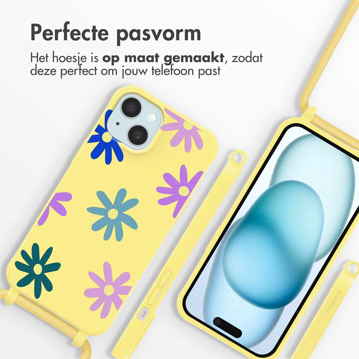 Geel telefoonhoesje met bloemenpatroon, telefoon met blauw scherm. Witte achtergrond.