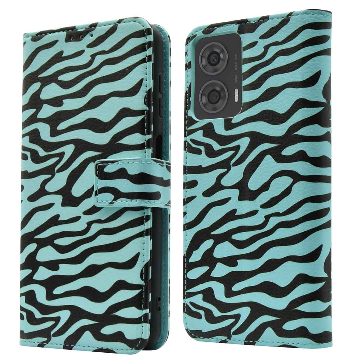 Een turquoise telefoonhoesje met zwarte zebraprint. De hoes is links gesloten en rechts open.