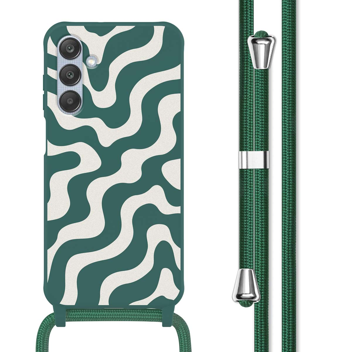Groene telefoonhoes met golvend wit patroon en een groene band.