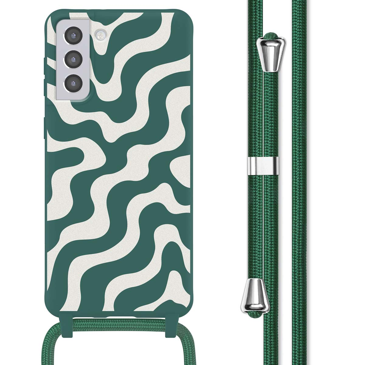 Custodia verde con motivo a onde bianche e cordino verde.