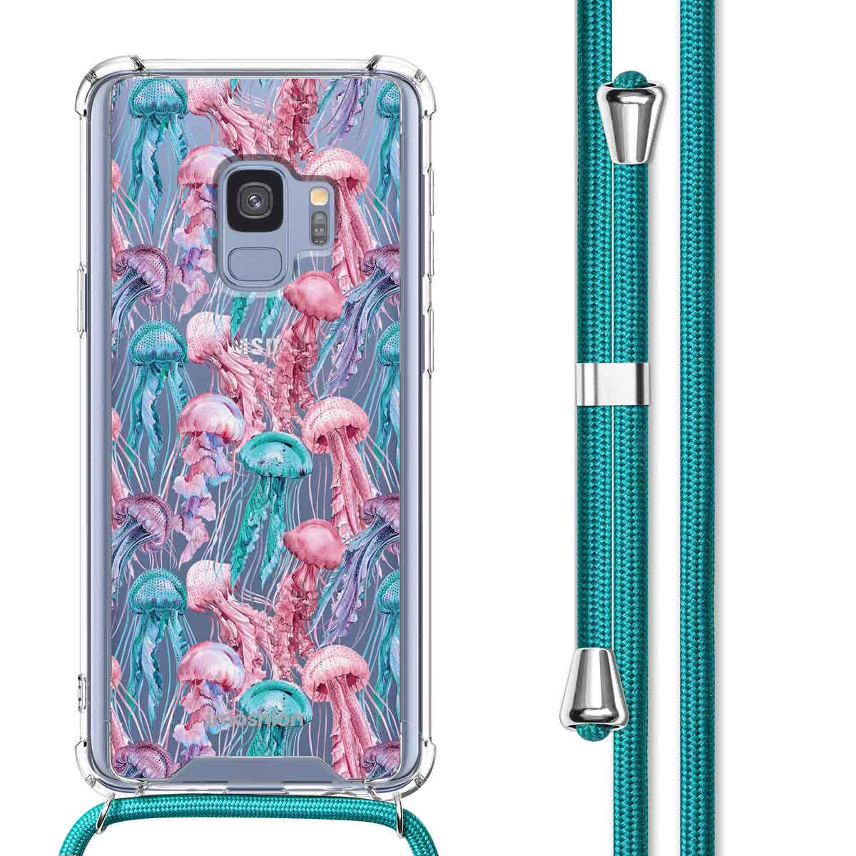 Une coque de téléphone avec un motif de méduses et un cordon. Un téléphone est dans la coque.