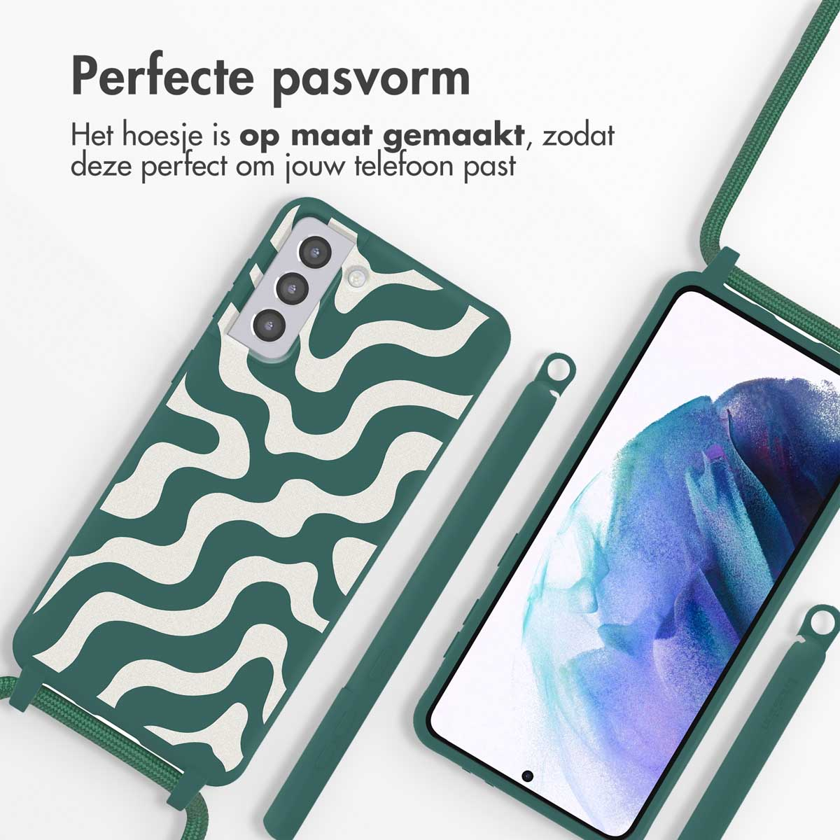 Custodia verde scuro con motivo a onde, telefono con schermo nero. Sfondo bianco.