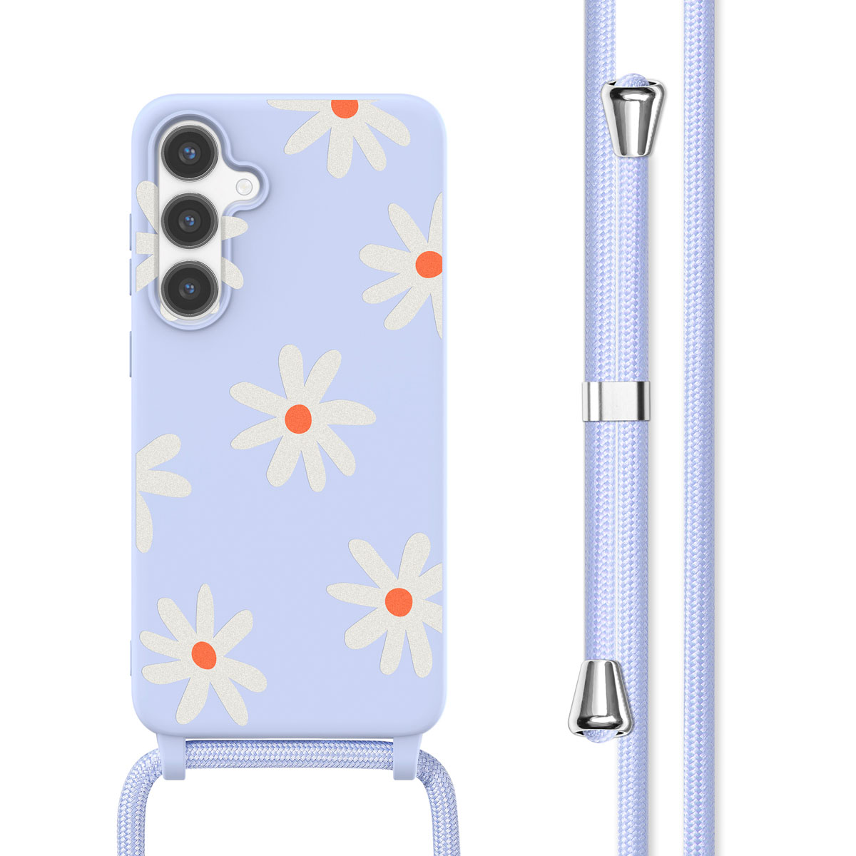 Lichtblauw telefoonhoesje met madeliefpatroon en een lichtblauwe band.