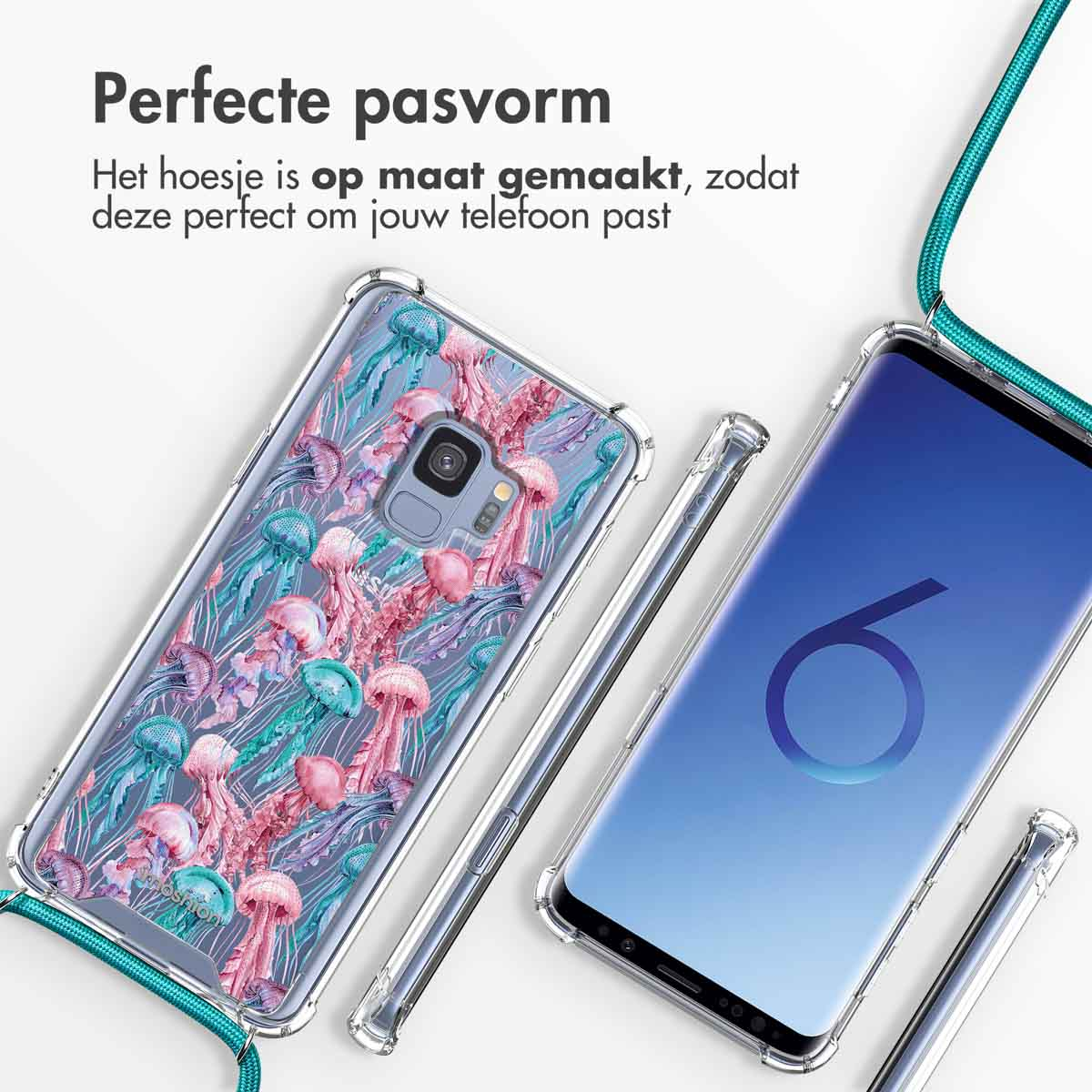 Coques transparentes avec un motif de méduses et une lanière bleu-vert.
