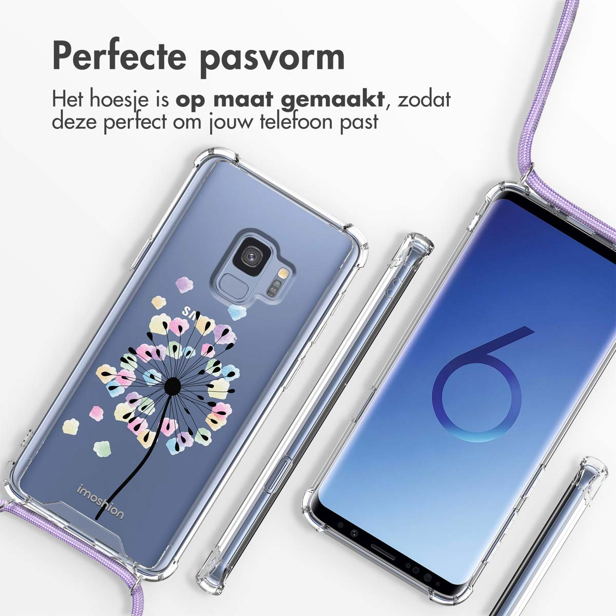 Coque de téléphone transparente avec un motif de pissenlit. Le téléphone est à l'intérieur. Une sangle violette est connectée à la coque.