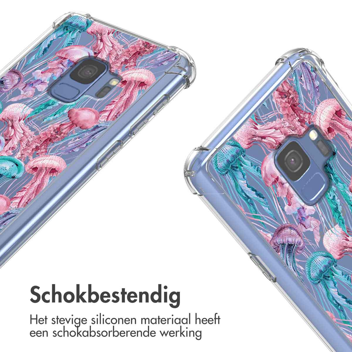 Deux coques de téléphone, motif méduses, sur fond bleu clair.